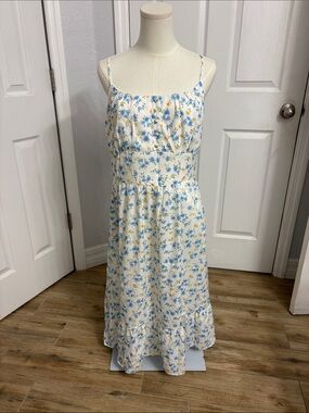 White Floral Spaghetti Strap Midi Dress with Blue and Yellow Flowers